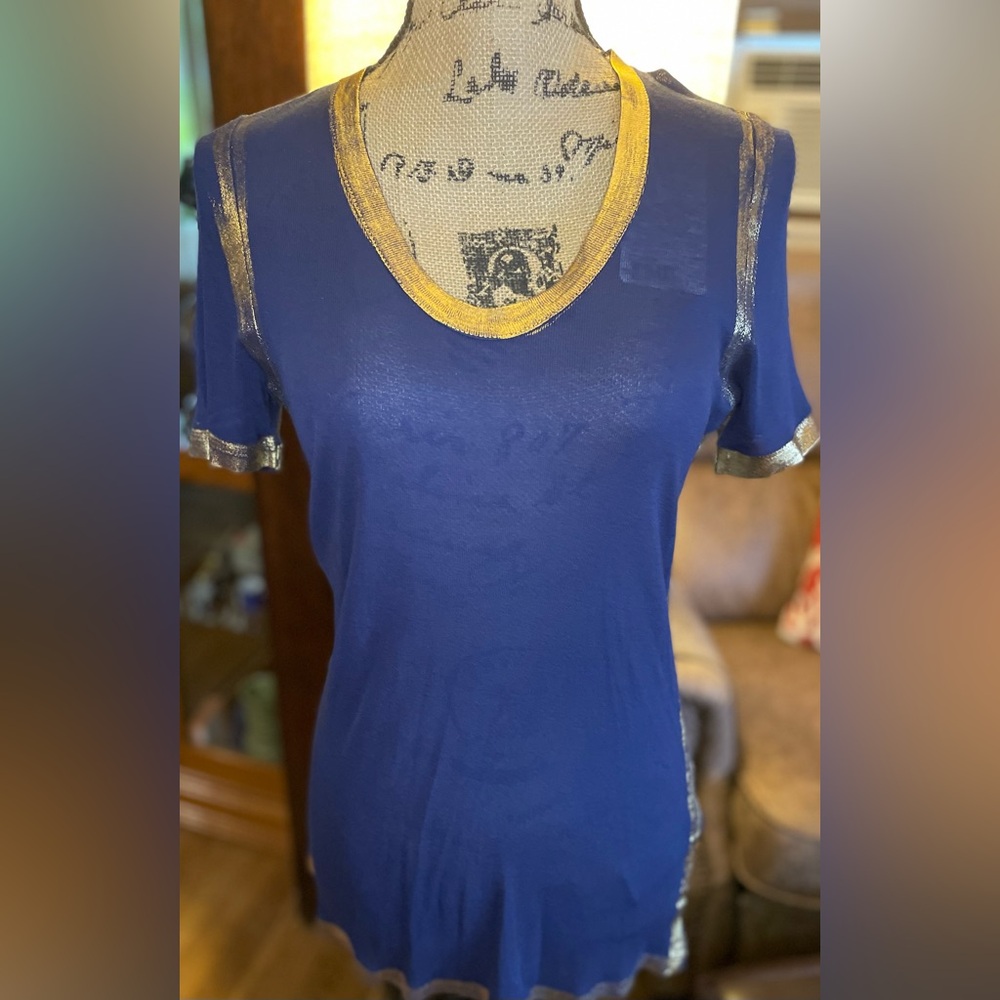 Zadig & Voltaire Blue Tee with Gold Trim NWT Sz L
